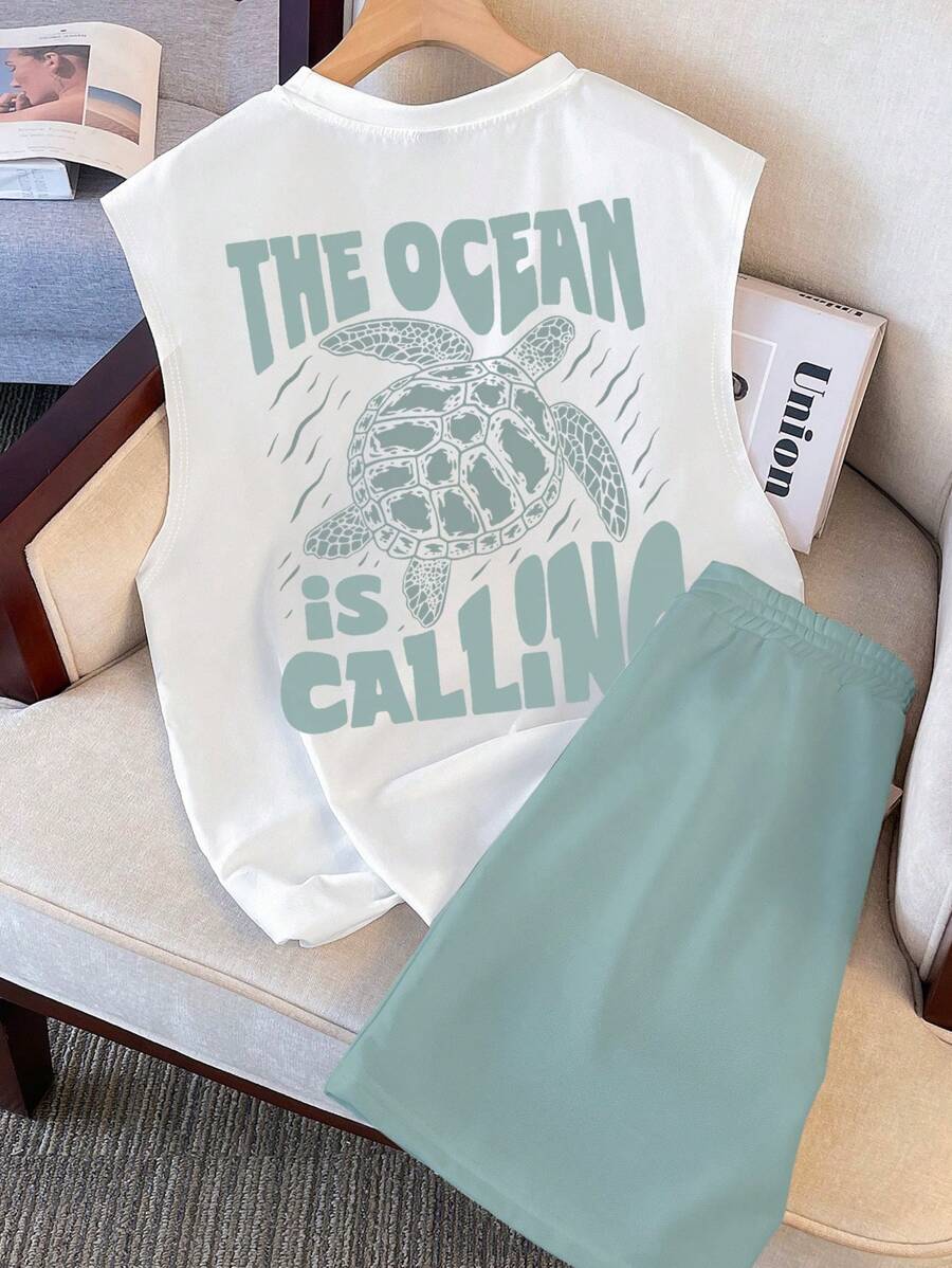 Claim Dot 男士“海洋呼唤”海龟印花无袖背心和短裤套装，宽松版型，适合夏季户外穿着，夏季海滩舒适装