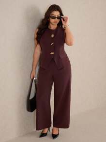 Elaquor Conjunto de 2 piezas de talla grande, elegante y minimalista, versátil para la oficina y el trabajo, compuesto por chaleco y pantalón corto para mujer, para primavera/verano