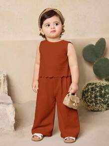 Travachic KIDS Babygirl Summer Cute Wave Sleeveless Top And Pants Set Baby Girl Outfits Brown Summer Toddler Jumpsuit Romper Baby Brown Jumpsuit Jumpsuit For Baby Girl Toddler Brown Outfit - Rust Brown - View 6