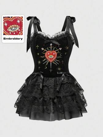 Goth Gothic Retro Palace Style Heart Eye Star Moon Embroidery Rhinestone Contrast Color Lace Trim Velvet Slip Dress With Spaghetti Straps For Plus Size Women