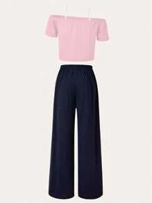 SHEIN Explorewe 2件套青少年女孩校园休闲通勤斜肩短袖裤装