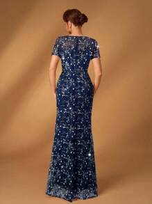 Serin Robe de mariée élégante et luxueuse avec broderie de perles pailletées roses clair sur un maillage, col en V, manches courtes, ourlet de queue de sirène. Convient pour les fêtes formelles, les rendez-vous, les vacances, les bals, les mariages, les robes de mère de la mariée - Bleu marine - Voir 2