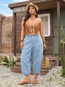 SHEIN CURVE+ Plus Size Women Vacation Casual Cropped Jeans  Baggy Jeans Oversized Jeans Autumn