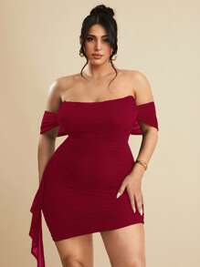 SHEIN BAE 大码女式黑色褶皱下摆荷叶边系带腰部网眼针织露肩弹力休闲迷你连衣裙，适合日常穿着、郊游、约会、下午茶、度假、春夏季、返校季，女士正装 - 酒紅色 - 查看 4