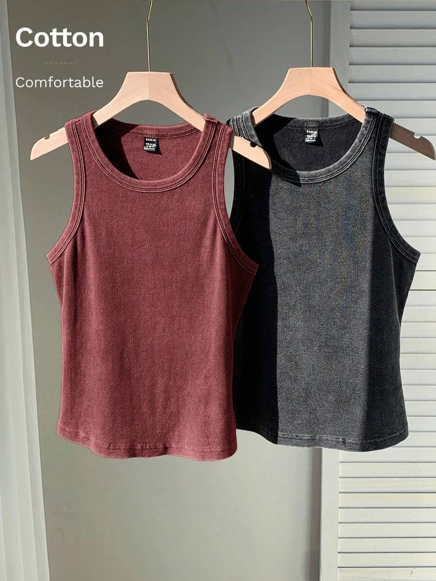 Comfortcana Conjunto de top de punto ajustado con lavado ácido de dos colores - Burdeos - Ver 1