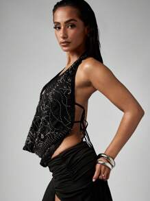 MISSGUIDED 亮片装饰深V露背连体衣，闪亮派对夜店舞会晚宴魅力假日节 - 黑色 - 查看 5