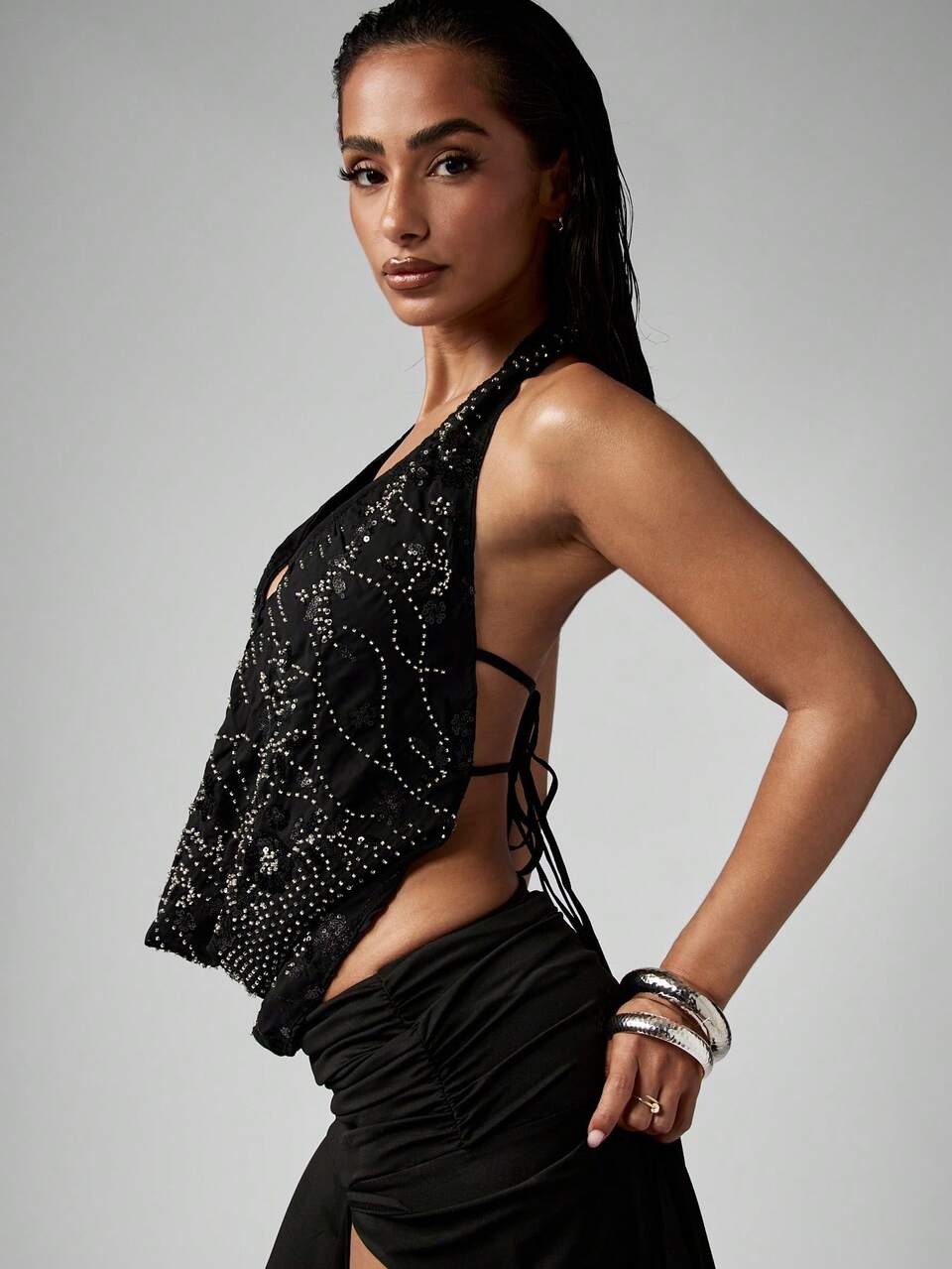 MISSGUIDED Glitter Sequin Deep Plunge Halter Neck Bodysuit