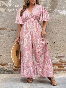 Breezaya Mono corto con cuello en V, volantes y manga corta con estampado floral, para mujer de tallas grandes, estilo elegante y bohemio - Rosa - Ver 5