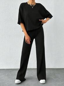 EURMUSE Women Basic Solid Round Neck Top And Pant 2 Pieces Set - Black - View 3