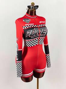 Amplova Y2k Carnival Costume Jumpsuit With Motorcycle Graphic And Stand-Up Collar - Black - View 7