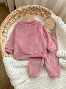 Baby Girl Cute Cartoon Pattern Fluffy Long Sleeve Top And Elastic Waist Long Pants 2 Pieces Set, Autumn/Winter - Pink - View 10