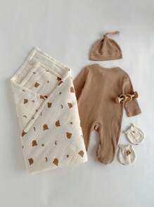 Loomiva Newborn Baby 4pcs Set: Cartoon Bear Pattern Long Sleeve Jumpsuit, Blanket, Gloves, Hat - Versatile & Comfortable Fall Winter - Multicolor - View 2
