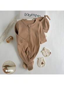 Loomiva Newborn Baby 4pcs Set: Cartoon Bear Pattern Long Sleeve Jumpsuit, Blanket, Gloves, Hat - Versatile & Comfortable Fall Winter - Multicolor - View 4
