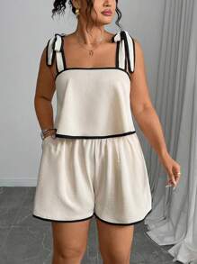 INAWLY 大码女式夏季休闲撞色边吊带背心和短裤两件套
