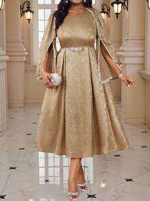 Fleurora 春夏秋冬优雅派对婚礼酒会圣诞节金色金属钻石锁子甲珍珠 3D 玫瑰加大码纯色休闲连衣裙，适合夏季巡航装女士 - 金色 - 查看 6