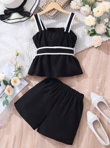 青少年女孩 T 恤套装，青少年女孩黑色无袖上衣，带有设计细节，搭配白色饰边和腰带，搭配短裤，夏季简约通勤装 - 黑色 - 查看 2