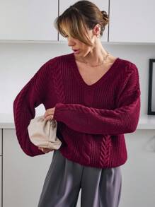 EURMUSE Chunky Cable Knit V-Neck Sweater In Deep Rust Red With Ribbed Hem And Cuffs,Jumper,Cream Jumper,Jumpers For Women,Jumpers,Black Jumper,Womens Jumper,White Jumper,Women's Jumper,Women's Jumpers,Winter Clothes - Burgundy - View 5