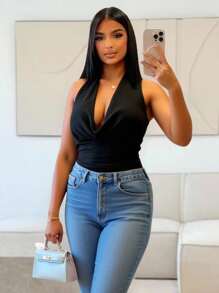 Selianne Camiseta de cuello de cowl de punto reversible con elástico - Negro - Ver 2