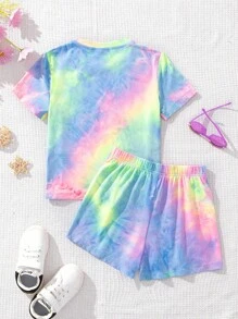 SHEIN 2pcs Tween Girls Casual Tie Dye Capybara Print, Cherry Bow Print, Chill Chill Summer Graphic Short Sleeve Top And Shorts Set, Summer Capybara Shirt Tie Dye Set Girls Cute Set Cute Sets Teen Capybara Pajamas - Multicolor - View 8