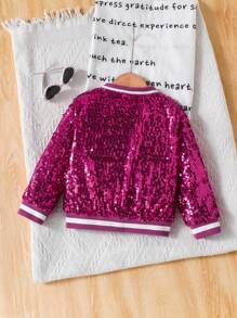 1pc Girls Striped Ribbed Collar & Hem Knitted Lining Pink Long Sleeve Zip-Up Jacket With Sequins, Fashion Versatile, Can Be Worn Alone With Skirt, Or Layered Over T-Shirt, Dress, Suitable For Spring/Autumn Casual Outings Or Holiday Parties Girls Sequin Jacket Girls Bomber Jacket Kids Sequin Jacket Sequin Bomber Jacket Sparkling Clothes For Kids Fall Winter