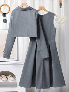 少女休闲日常前扣夹克和吊带背心连衣裙两件套