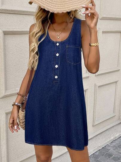 EMERY ROSE Women Denim Mini Dress Sleeveless Fitted Casual, Blue Women Denim Dress