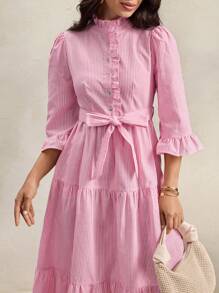 Wildy 秋冬新款美式乡村休闲粉色条纹收腰荷叶边领中长连衣裙 - 粉色 - 查看 2