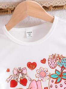 SHEIN Playful Pals Bộ 2 món cho bé gái: Áo thun tay ngắn in nơ dâu tây & Quần ống rộng vải gingham, mùa hè - Đỏ - Xem 5