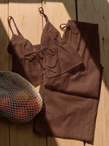 Comfortcana 2件套女士夏季棕色棉麻吊带背心和裤子套装 - 棕色 - 查看 7