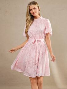 Amorya 女士全身印花系带短袖连衣裙校服演唱会服装教师服女士夏季连衣裙婚礼宾客礼服女士度假服装女士粉色连衣裙女士生日服装