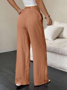 Flirla Women Solid Color Waist Tie Pocket Wide Leg Loose Casual Pants Fall Cloth For Women - Orange - View 2