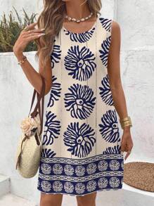 EMERY ROSE 大码女式休闲纯蓝色圆领无袖连衣裙，适合夏季旅行和度假