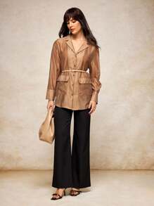 MIRENZI Camisa transparente grande cáqui sólida feminina verão outono casual camisa top - Caqui - Ver 5