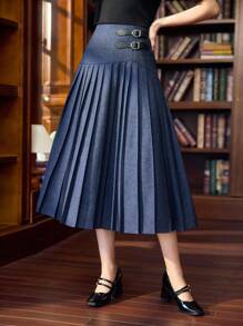 Vintamour 女士复古优雅褶皱休闲/工作/度假长裙假期返校教师商务休闲女士生日假期办公室学校西部装女士返校秋冬秋季教堂节日机场女牛仔生日 - 藍色 - 查看 2