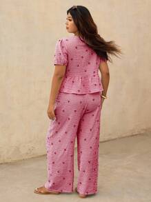 Elaquor 大码女式条纹蝴蝶结泡泡袖衬衫和裤子两件套休闲套装 - 紅色 - 查看 2