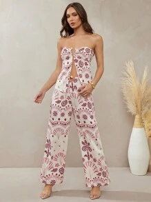 L'Amorae 女士节日花卉印花圆腰阔腿裤 - 紅白色 - 查看 5