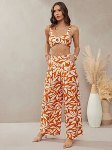 L'Amorae 女式热带印花亚麻褶裥夏季长裤