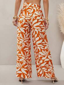 L'Amorae 女式热带印花亚麻褶裥夏季长裤