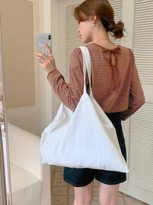 DAZY Women's Round Neck Striped Casual Long Sleeve T-Shirt With Drawstring Back