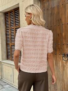 EMERY ROSE 优雅合身短袖 V 领蕾丝拼接前开襟机制面料杏色春夏女式衬衫