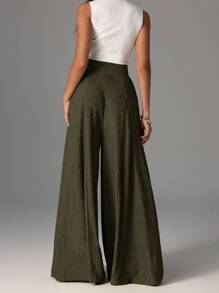 Firerie 女士优雅休闲纹理面料高腰阔腿裤，适合海滩、机场和风格 - 軍綠色 - 查看 2