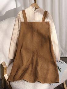 女童休闲圆领罗纹长袖仿层连衣裙，秋季