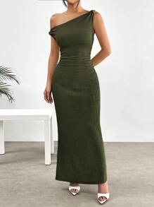 SHEIN EZwear 军绿色提花金属扣装饰不对称肩长裙 - 軍綠色 - 查看 7