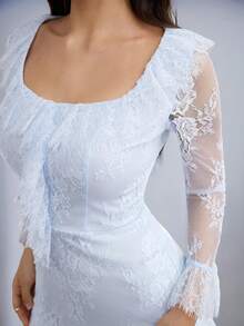 Modelyn Đầm dài tay thanh lịch dành cho nữ cổ vuông và lưới - Màu xanh lam - Xem 7