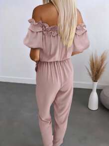 INAWLY 女士优雅露肩纯色分层荷叶边饰带腰部侧袋连体裤 - 粉色 - 查看 2