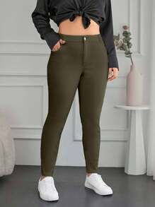 98%Cotton Plus High Waist Skinny Jeans - Green - View 1