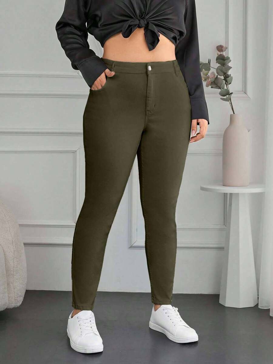 98%Cotton Plus High Waist Skinny Jeans - Green - View 1