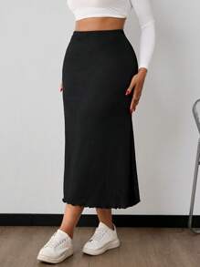 SHEIN PETITE CURVE 大码女式纯黑色美人鱼下摆半身裙 - 黑色 - 查看 4