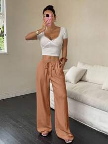 Flirla Women Solid Color Waist Tie Pocket Wide Leg Loose Casual Pants Fall Cloth For Women - Orange - View 5