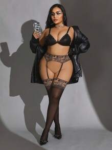 SHEIN 1 Pair Couple Pattern Plus Size Sexy Women High Elasticity Semi-Sheer Open Crotch Suspender Stockings - Black - View 5